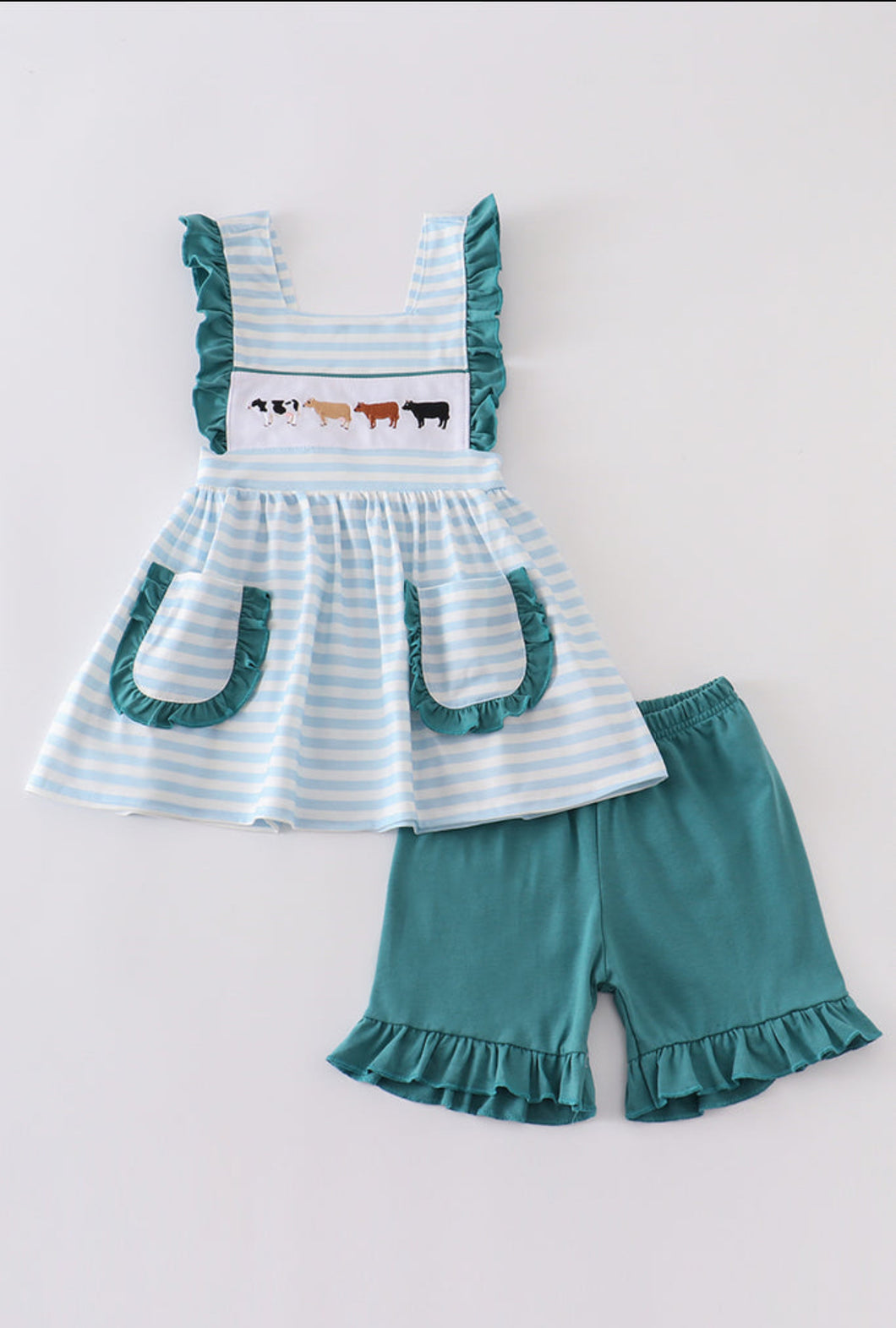 Blue Stripe Cow Ruffle Short Set
