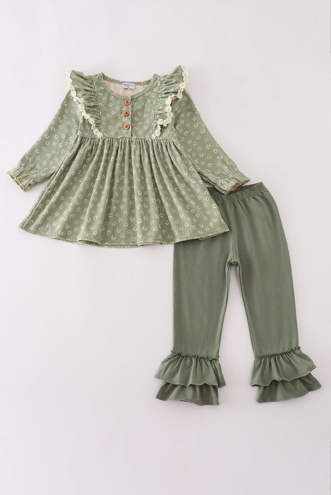 Green Floral Ruffle Pants Set