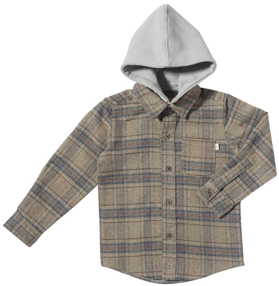 Erin Hooded Woven Shirt - Beige Plaid