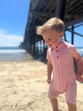 Load image into Gallery viewer, Peach &amp; White Stripe Polo Romper
